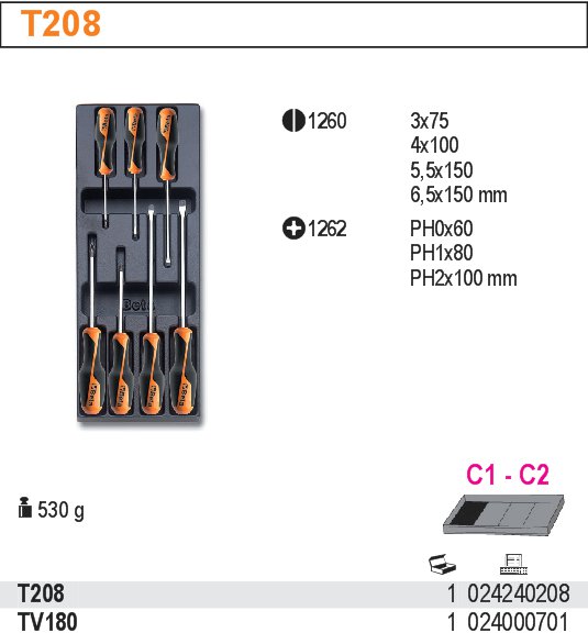 SADA ŠROUBOVÁKŮ-MODEL 2424/T208 7KS V PODESTĚ Z PVC.