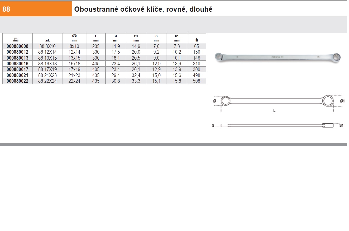 PLOCHÝ OČKOVÝ KLÍČ OBOUSTRANNÝ DLOUHÝ, 88, 17X19MM