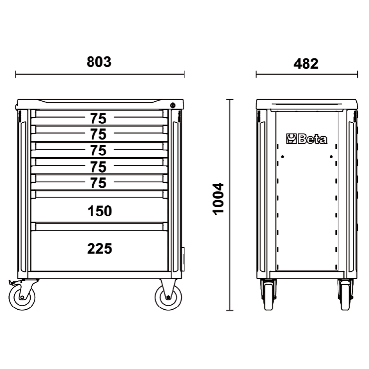 VOZÍK NA NÁŘADÍ SE 7 ZÁSUVKAMI A SYSTÉMEM PROTI PŘEVRÁCENÍ, ČERVENÝ, C37A/7-R
