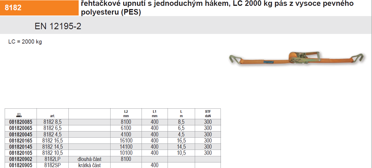PÁS UPÍNACÍ NAP.ZÁPADKA H.POJISTKA-MODEL 8182 16,5M/50MM HÁKY SAMOSTATNÉ EN 12195-2