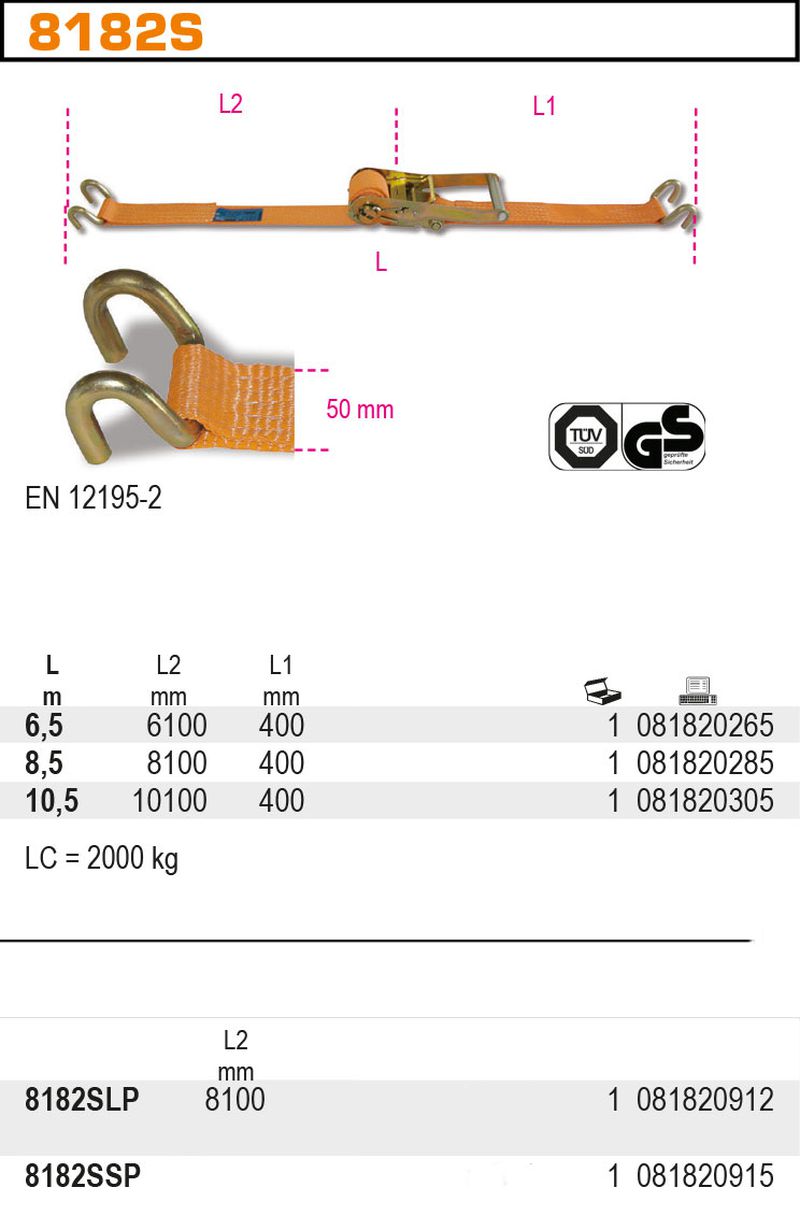 PÁS UPÍNACÍ NAP.ZÁPADKA H.POD., 8182S 6,5M/50MM HÁKY DVOJITÉ EN 12195-2