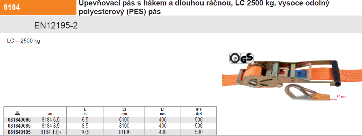8184 10,5 M Upínací pás dlouhá ráčna